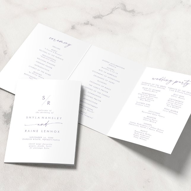 Programme Trois Volets Boho Chic Dusty violet Mariage Monogramme (Créateur téléchargé)
