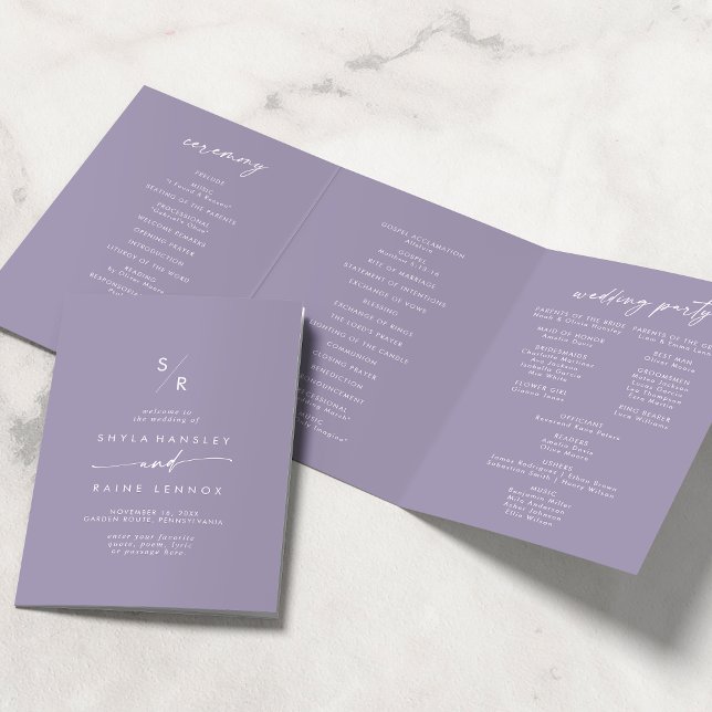 Programme Trois Volets Boho Chic Lavande violet Mariage Monogramme (Créateur téléchargé)