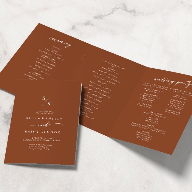 Programme Trois Volets Boho Chic Terracotta Monogram Mariage (Créateur téléchargé)