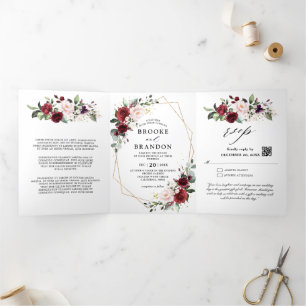 Programme Trois Volets Bourgogne Blush Floral moderne Mariage géométrique