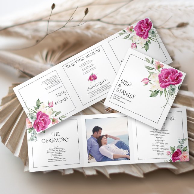 Programme Trois Volets Branches avec fleurs rose rose mariage (Créateur téléchargé)