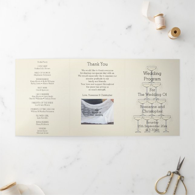 Programme Trois Volets Champagne Glasses Wedding (Extérieur)