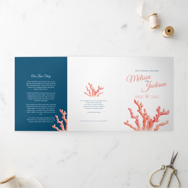 Programme Trois Volets Coral aquarelle art marine mariage (Extérieur)