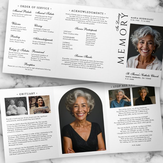 Programme Trois Volets Élégant Ordre De Service Nécrologie 6-Photo Funéra (Créateur téléchargé)