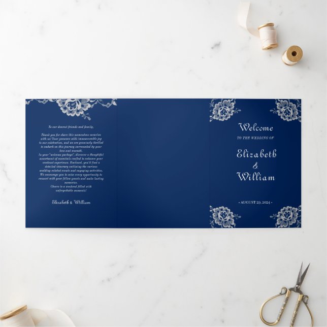 Programme Trois Volets Elégante dentelle florale sur Mariage bleu marine (Extérieur)