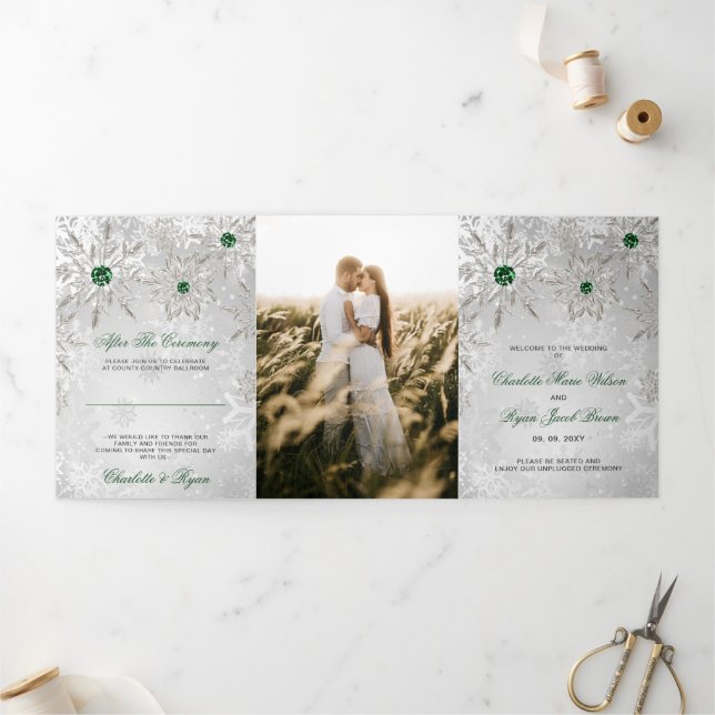 Programme Trois Volets Émeraude d'argent Green Snowflake Mariage d'hiver (Extérieur)