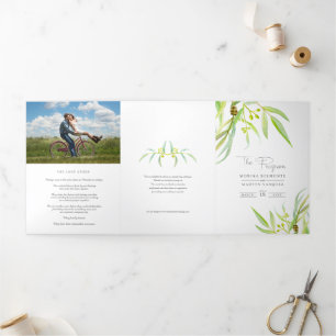 Programme Trois Volets Eucalyptus feuille aquarelle vert photo mariage