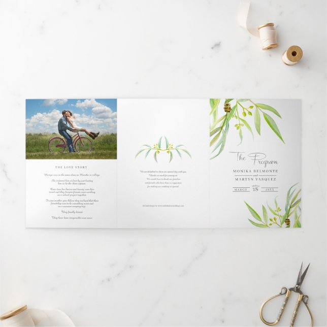 Programme Trois Volets Eucalyptus feuille aquarelle vert photo mariage (Extérieur)