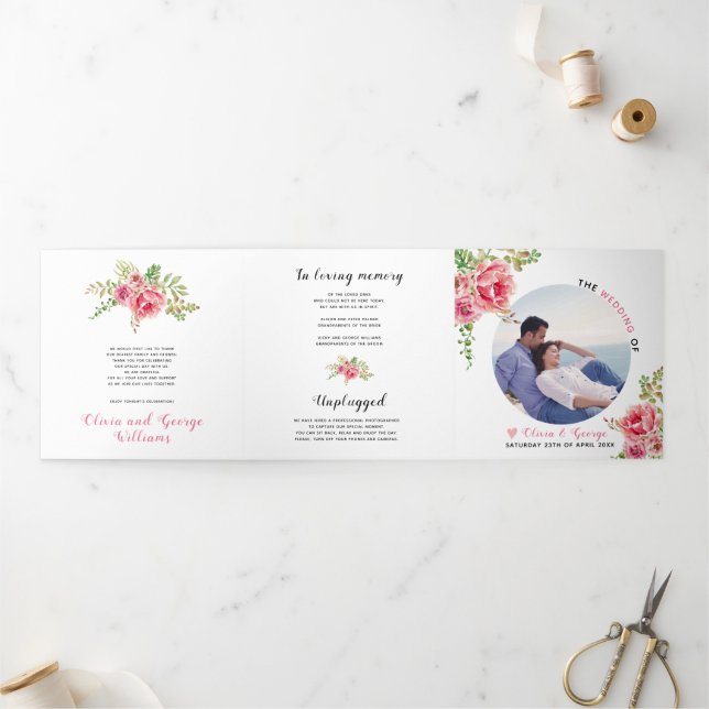 Programme Trois Volets Fleurs d'aquarelle rose, feuilles verts sauge, pho (Extérieur)