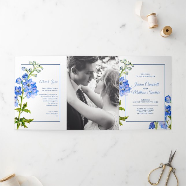 Programme Trois Volets Fleurs de delphinium bleu aquarelle mariage Tri-Fo (Extérieur)