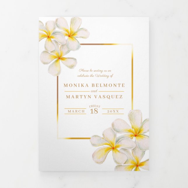 Programme Trois Volets Fleurs Frangipani or blanc mariage (Page de couverture)