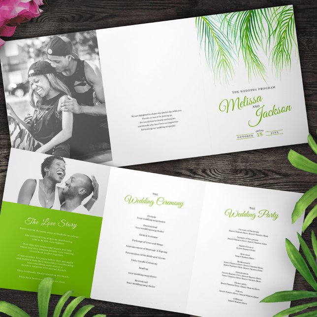 Programme Trois Volets Mariage d'aquarelle aux frondes de palmiers tropic (Créateur téléchargé)