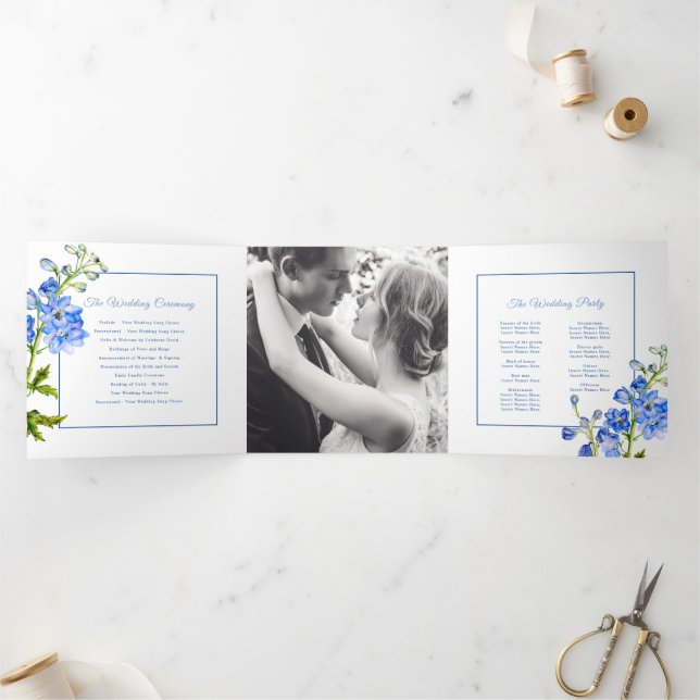 Programme Trois Volets Mariage d'aquarelle de fleurs de delphinium bleu (Intérieur)
