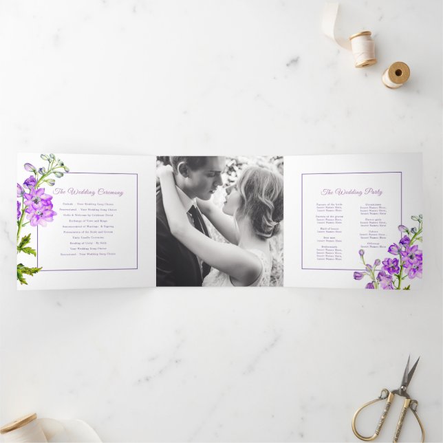 Programme Trois Volets Mariage d'aquarelle de fleurs de delphinium violet (Intérieur)