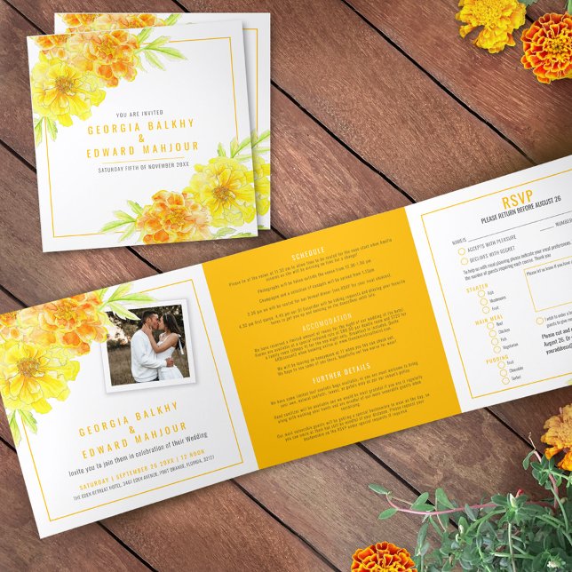 Programme Trois Volets Mariage d'aquarelle de fleurs de marigold jaune (Créateur téléchargé)
