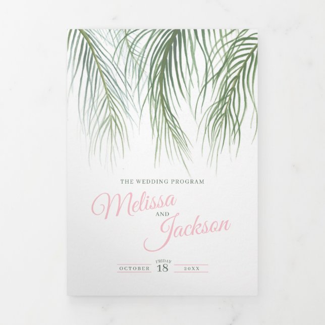 Programme Trois Volets Mariage d'aquarelle de palmiers tropicaux rose ver (Page de couverture)