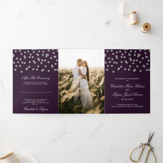 Programme Trois Volets Mariage photo Confetti Parties scintillant d'argen (Extérieur)