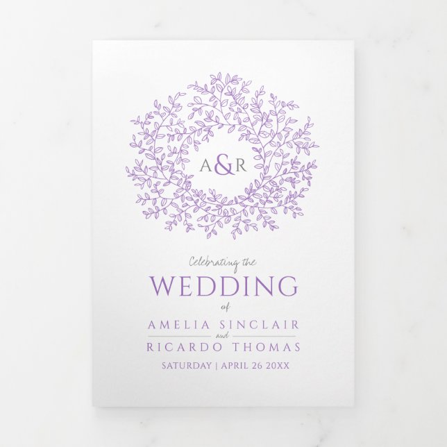 Programme Trois Volets Mariage photo d'art violet monogramme (Page de couverture)