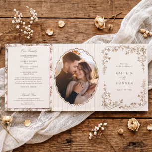 Programme Trois Volets Mariage Vintage Floral Français Marron & Crème