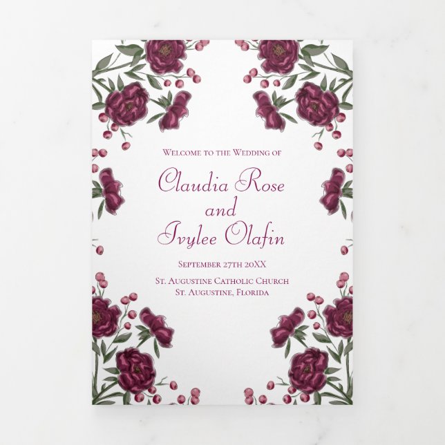 Programme Trois Volets Maroon Rose Wedding Programs (Page de couverture)