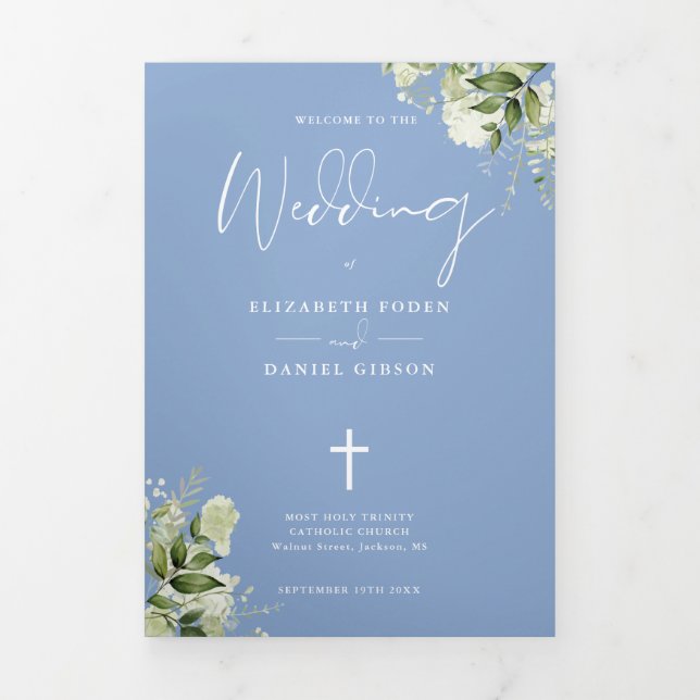 Programme Trois Volets Masse Mariage Floral Bleu Catholique (Page de couverture)