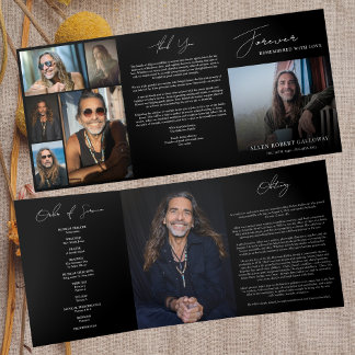 Programme Trois Volets Modern Black&White Trifold 7 Photo Funeral Program