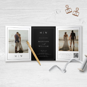 Programme Trois Volets Monogramme moderne Mariage noir et blanc