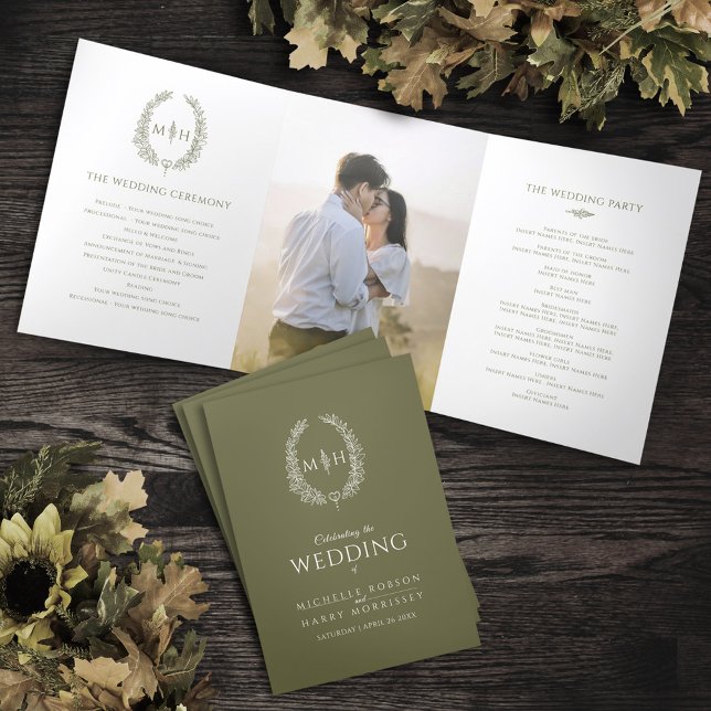 Programme Trois Volets Olive vert blanc ovale feuille monogramme mariage  (Créateur téléchargé)