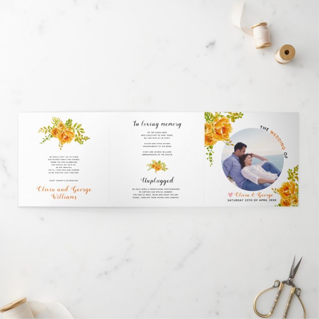 Programme Trois Volets Orange fleurs d'aquarelle vert feuilles, photo (Extérieur)