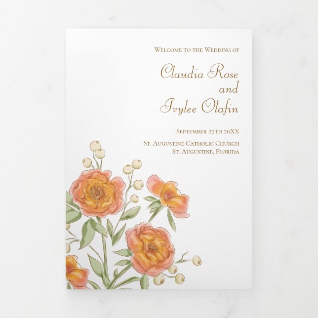 Programme Trois Volets Orange Rose Wedding Programs (Page de couverture)