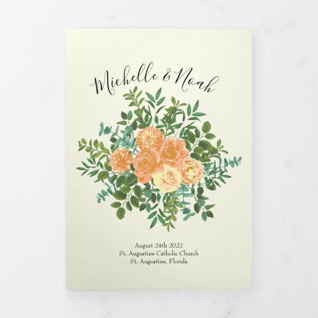 Programme Trois Volets Peach & Ivory Peony & Rose Floral Wedding Programm (Page de couverture)