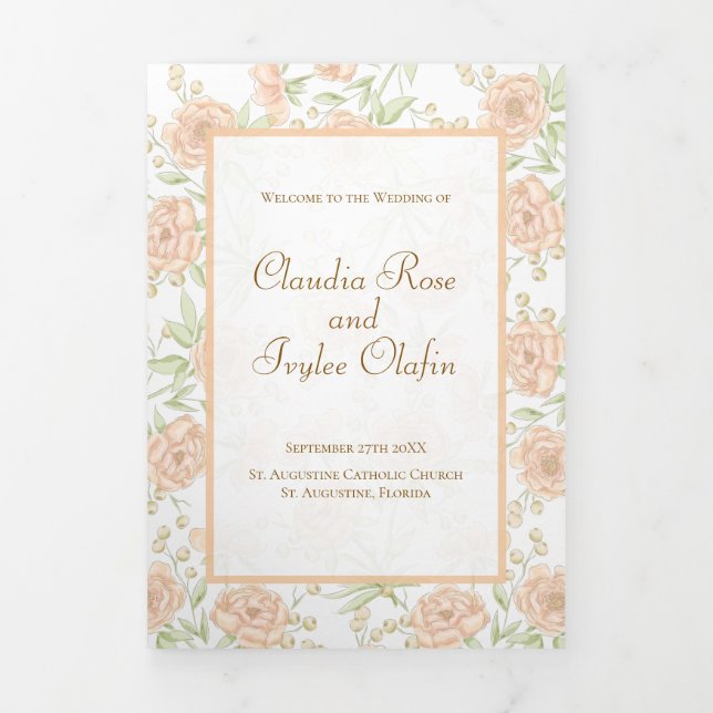 Programme Trois Volets Peach Rose Wedding Programs (Page de couverture)