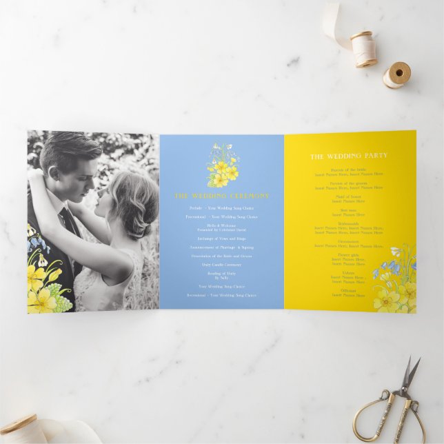 Programme Trois Volets Ressort bluebells primroses jaune bleu mariage (Intérieur)