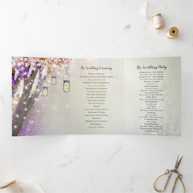 Programme Trois Volets Rose violet bleu Fairy Lights Boho Forest Mariage (Intérieur)