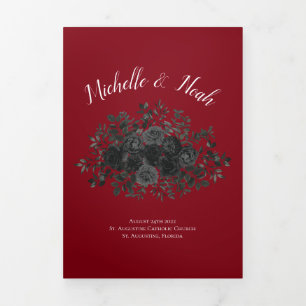 Programme Trois Volets Rouge noir élégant Rose Mariage gothique