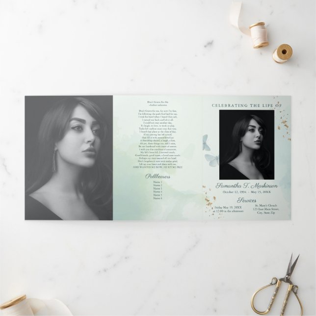 Programme Trois Volets Services funéraires aux papillons d'aquarelle vert (Extérieur)