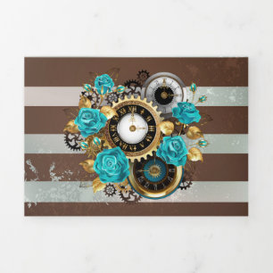 Programme Trois Volets Steampunk Clock and Turquoise Roses on Striped