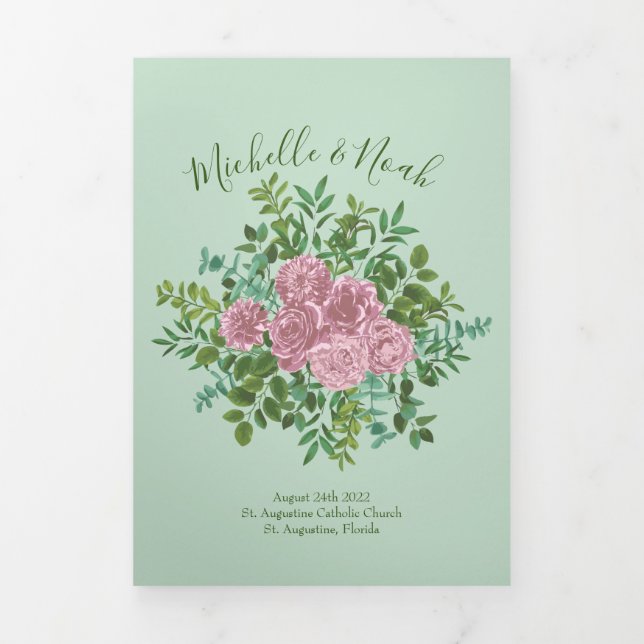 Programme Trois Volets Vert clair et rose pâle Peony et Mariage Rose (Page de couverture)