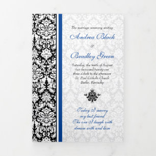 Programme Trois Volets Vintage Damask Blue Black Tri-Fold Wedding Program
