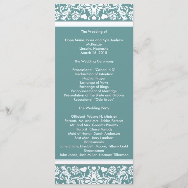 Programme Turquoise Aqua Blue Damask Swirls Wedding Programm (Devant)