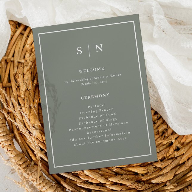 Programme Vert de taille minimale et chic avec Mariage front (A simple and chic wedding program in sage green and white, with your monogram)