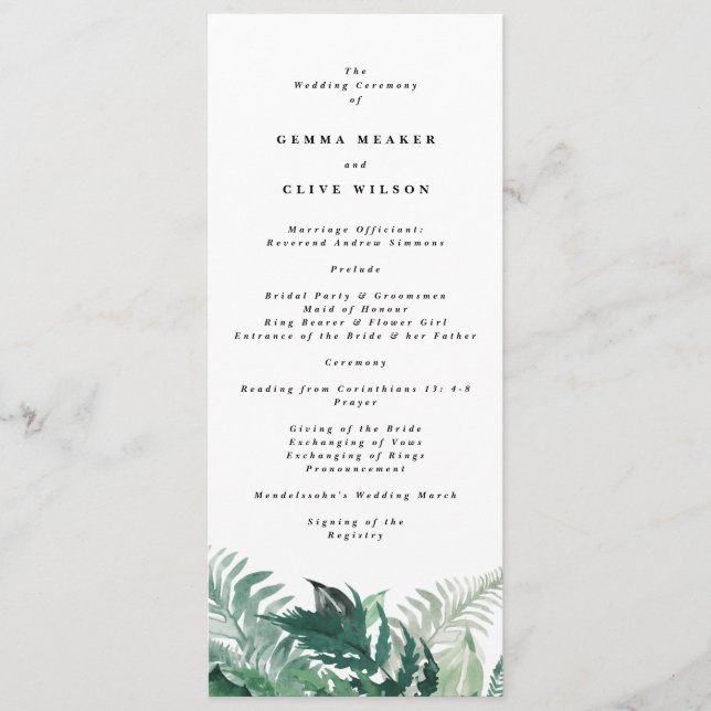 Programme Vert frais Mariage d'aquarelle moderne (Devant)