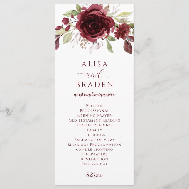 Programme Vin de Bourgogne Rouge Floral Aquarelle Mariage (Devant)