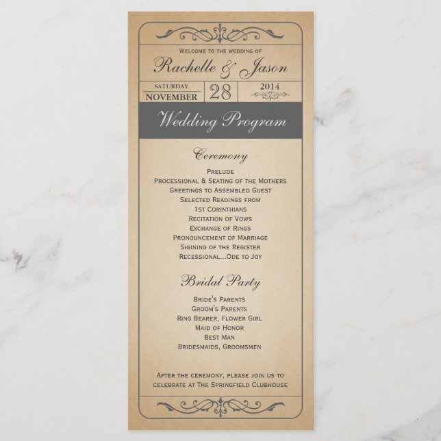 Programme Vintage Wedding Ticket (Devant)
