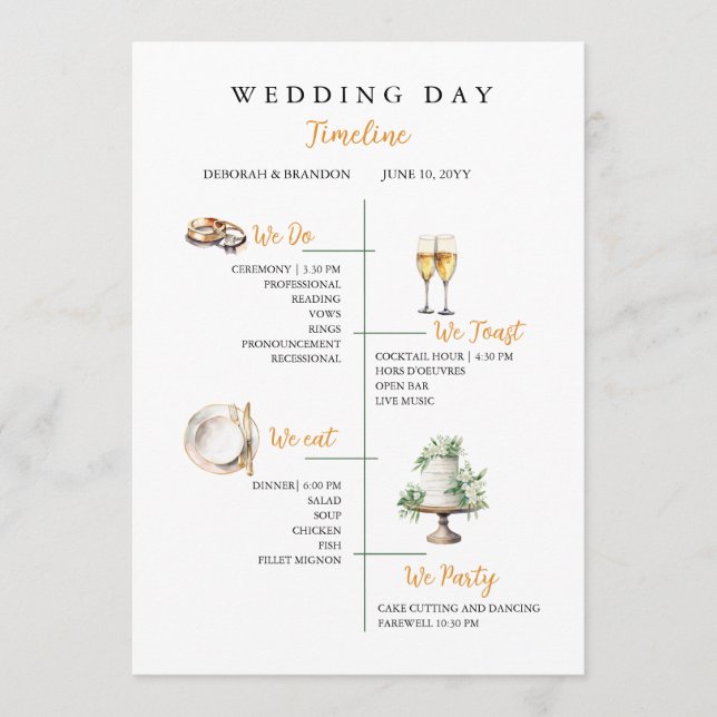 Programme Watercolor Wedding day Timeline Flat Program (Devant)