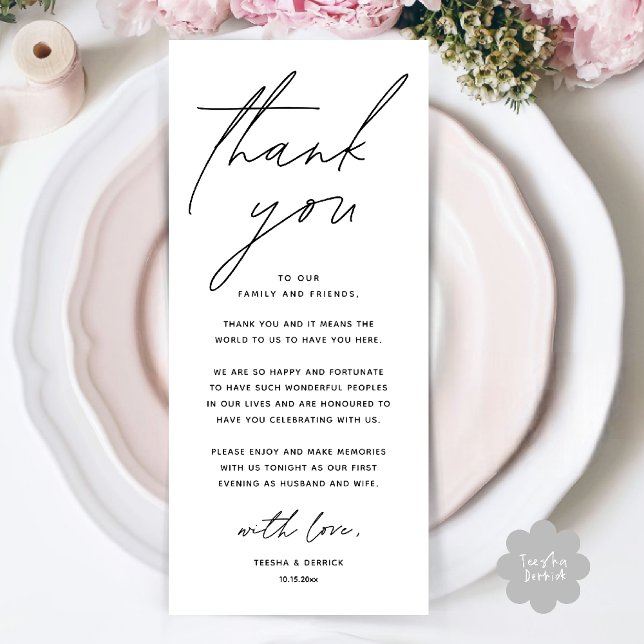 Programme Wedding Minimalist Wedding Dinner Thank You Card (Wedding Minimalist Wedding Dinner Brunch Lunch Reception Thank You Card in Black and white)