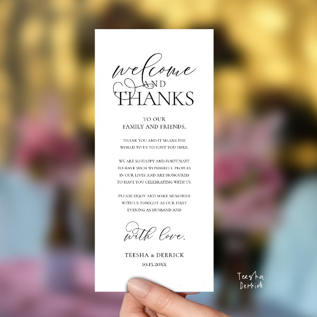 Programme "Welcome and Thanks" Classy Reception Guest Card ("Welcome and Thanks" Classy Wedding Romantic Reception Guest Card in black and white)