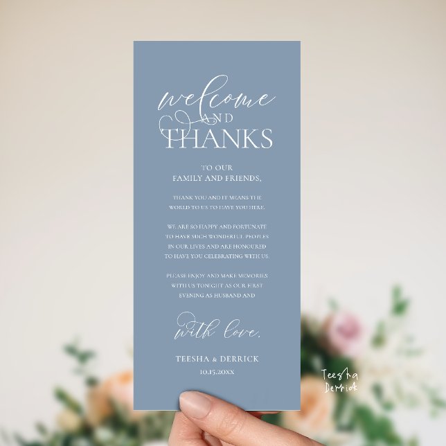 Programme "Welcome and Thanks" Classy Reception Guest Card ("Welcome and Thanks" Classy Wedding Romantic Reception Guest Card in dusty blue)