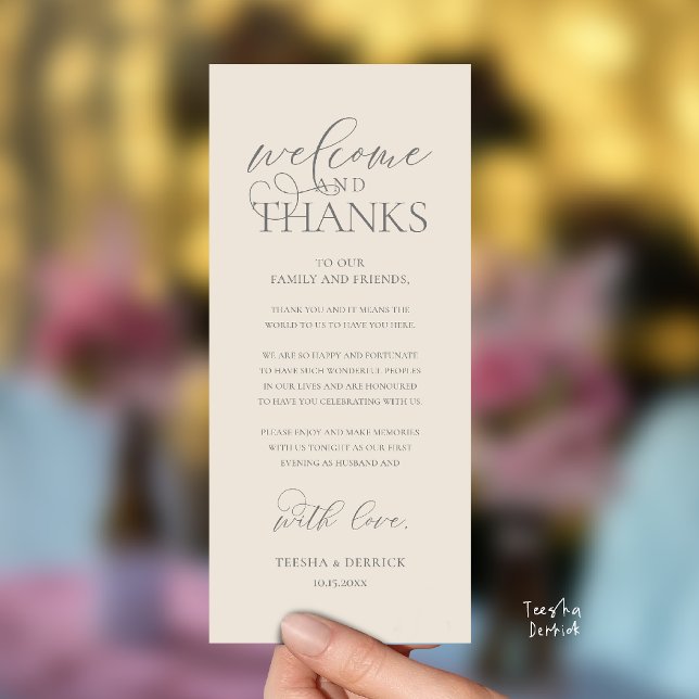 Programme "Welcome and Thanks" Classy Reception Guest Card ("Welcome and Thanks" Classy Wedding Romantic Reception Guest Card in cream grey)