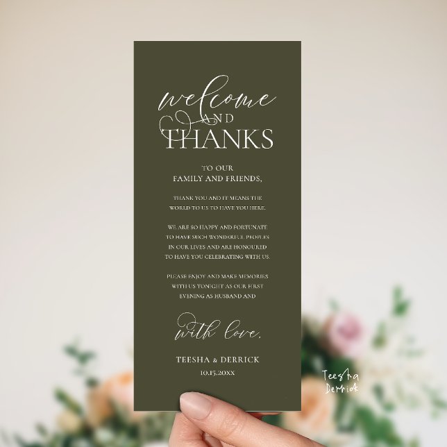 Programme "Welcome and Thanks" Classy Reception Guest Card ("Welcome and Thanks" Classy Wedding Romantic Reception Guest Card in olive green)
